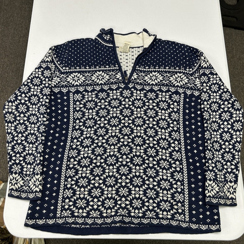 L.L. Bean Quarter Zip Sweater womans XL Blue Nordic Snowflake Knit Fair Isle